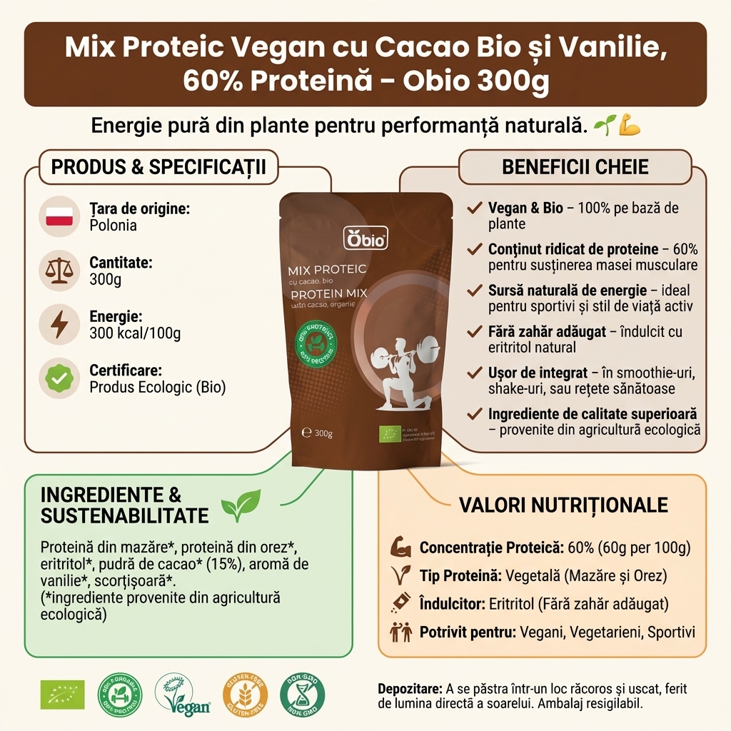 Mix Proteic Vegan cu Cacao Bio și Vanilie, 60% Proteină – Obio 300g 3