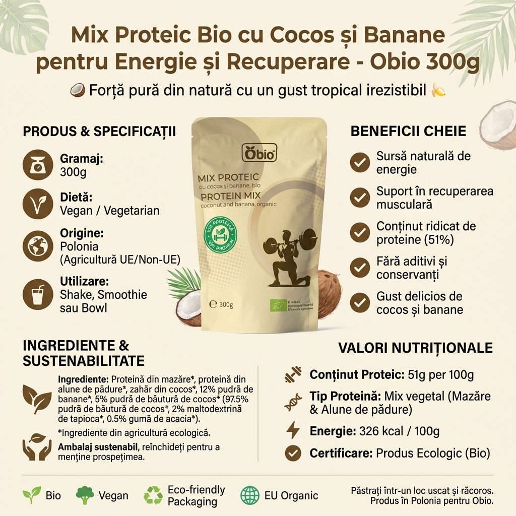 Mix Proteic Bio cu Cocos și Banane pentru Energie și Recuperare - Obio 300g 3