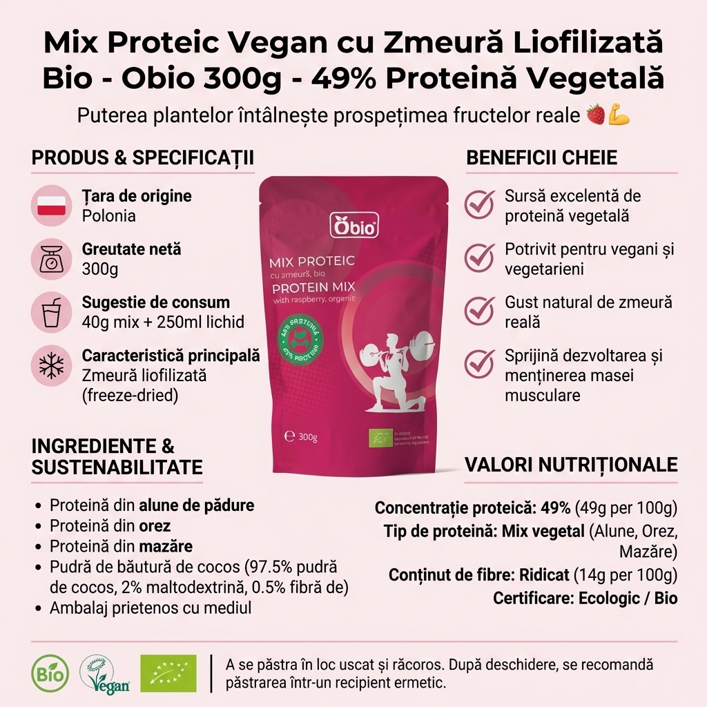 Mix Proteic Vegan cu Zmeură Liofilizată Bio - Obio 300g - 49% Proteină Vegetală 4