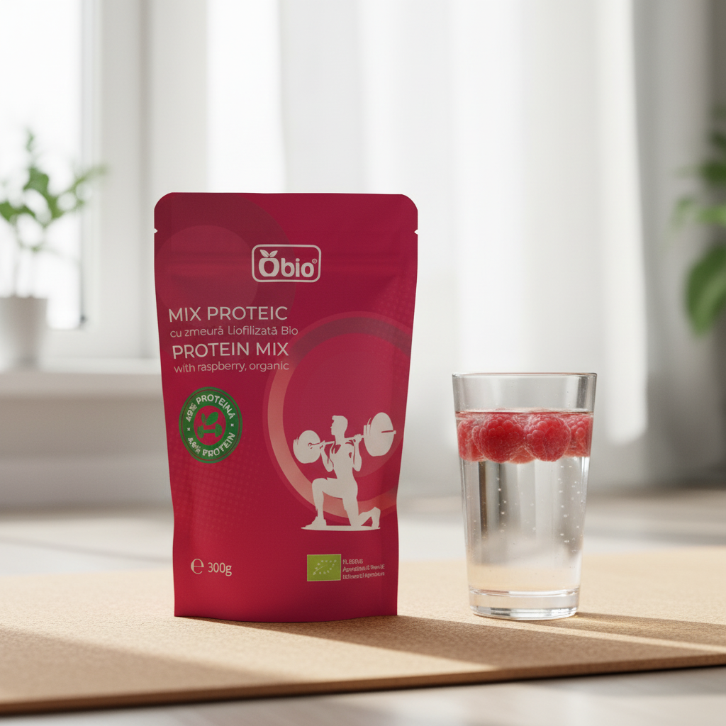 Mix Proteic Vegan cu Zmeură Liofilizată Bio - Obio 300g - 49% Proteină Vegetală