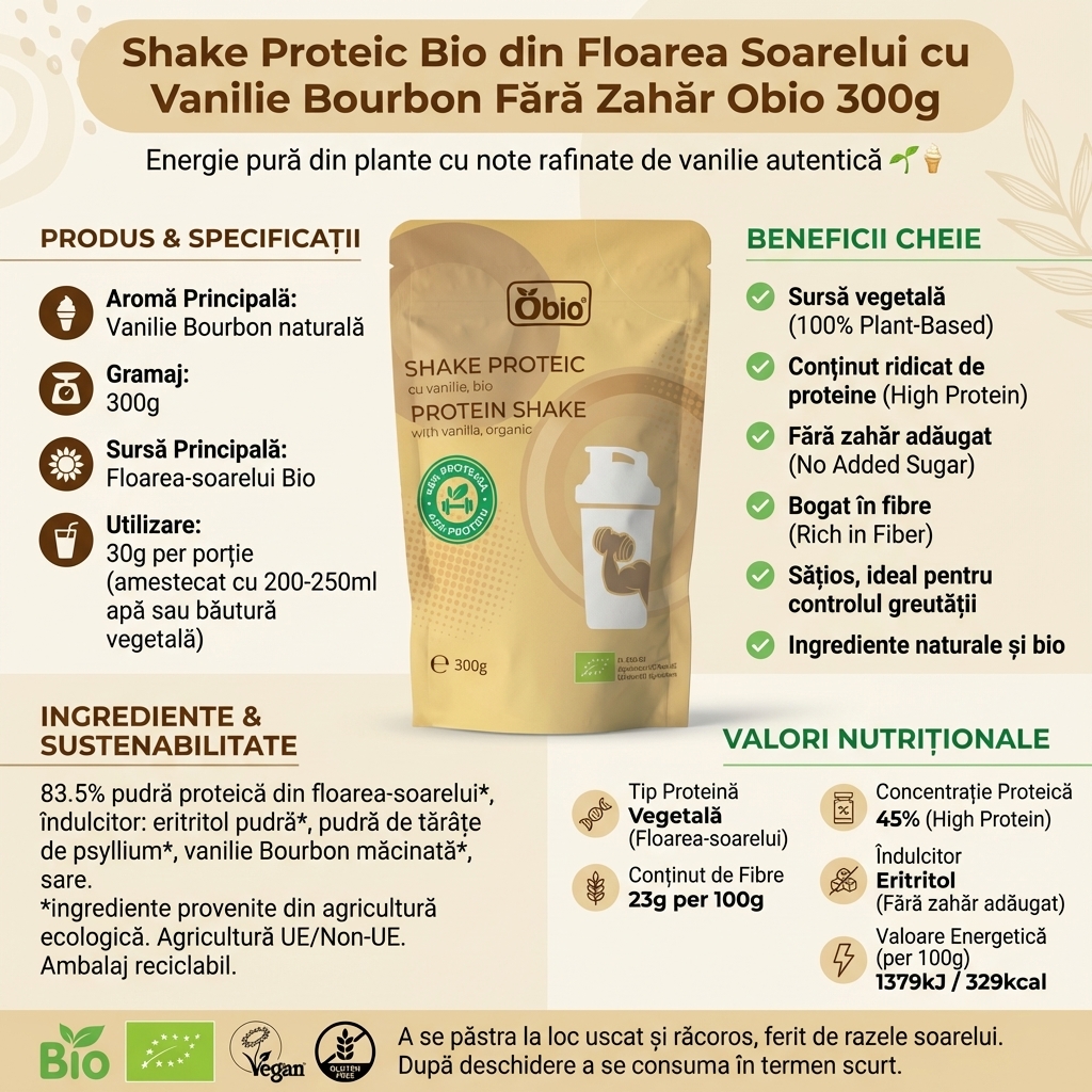 Shake Proteic Bio din Floarea Soarelui cu Vanilie Bourbon Fără Zahăr Obio 300g 4