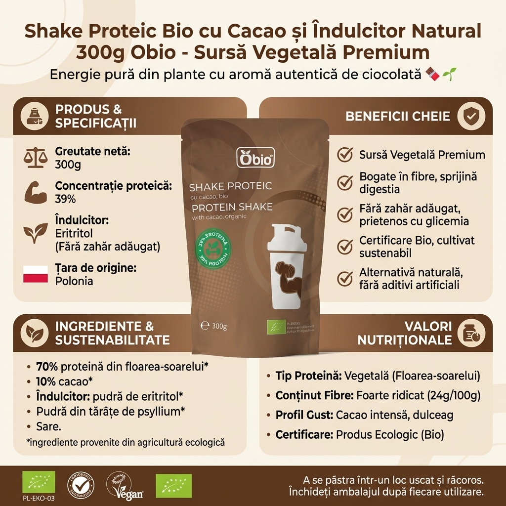 Shake Proteic Bio cu Cacao și Îndulcitor Natural 300g Obio - Sursă Vegetală Premium 4