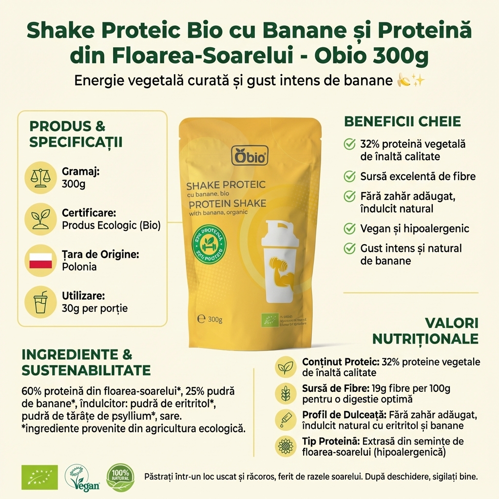Shake Proteic Bio cu Banane și Proteină din Floarea-Soarelui - Obio 300g 4