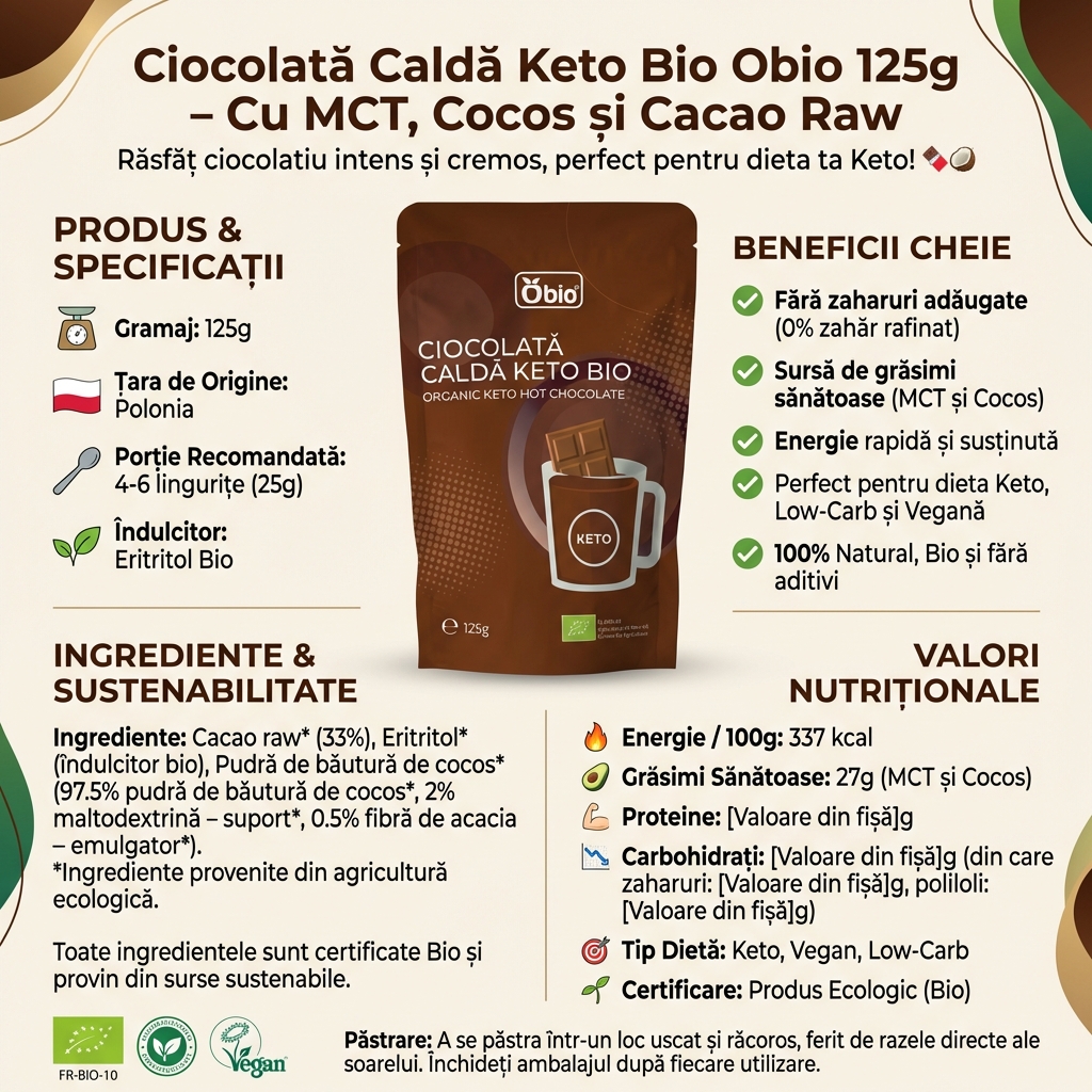 Ciocolată Caldă Keto Bio Obio 125g - Cu MCT, Cocos și Cacao Raw 4