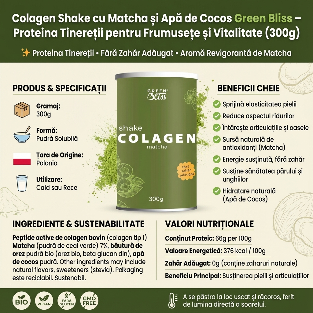 Colagen Shake cu Matcha și Apă de Cocos Green Bliss – Proteina Tinereții pentru Frumusețe și Vitalitate (300g) 4