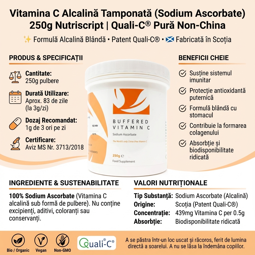 Vitamina C Alcalină Tamponată (Sodium Ascorbate) 250g Nutriscript | Quali-C® Pură Non-China 4