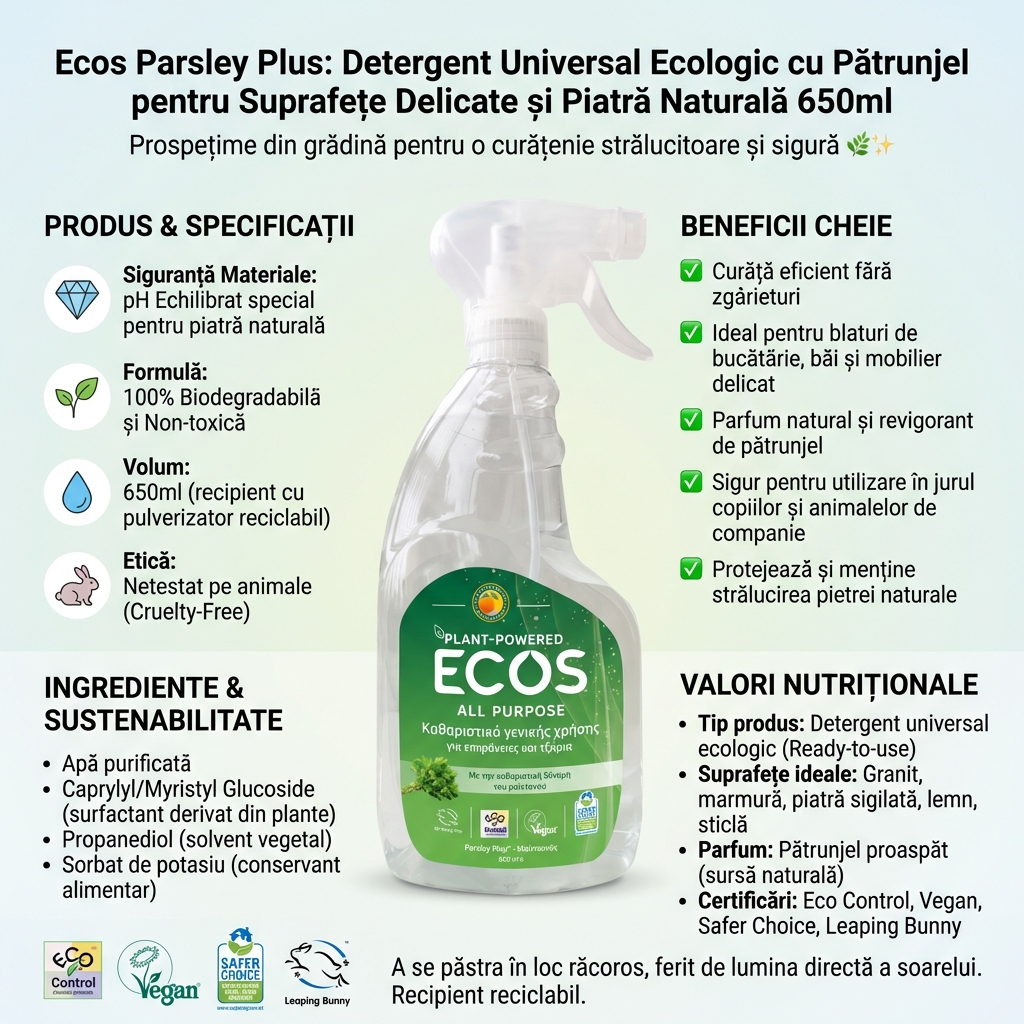 Ecos Parsley Plus: Detergent Universal Ecologic cu Pătrunjel pentru Suprafețe Delicate și Piatră Naturală 650ml 3