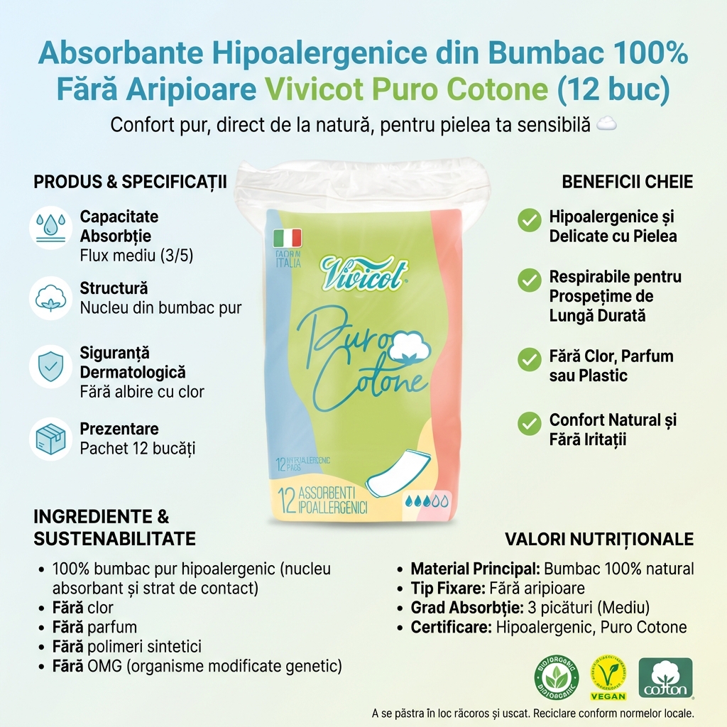 Absorbante Hipoalergenice din Bumbac 100% Fără Aripioare Vivicot Puro Cotone (12 buc) 4