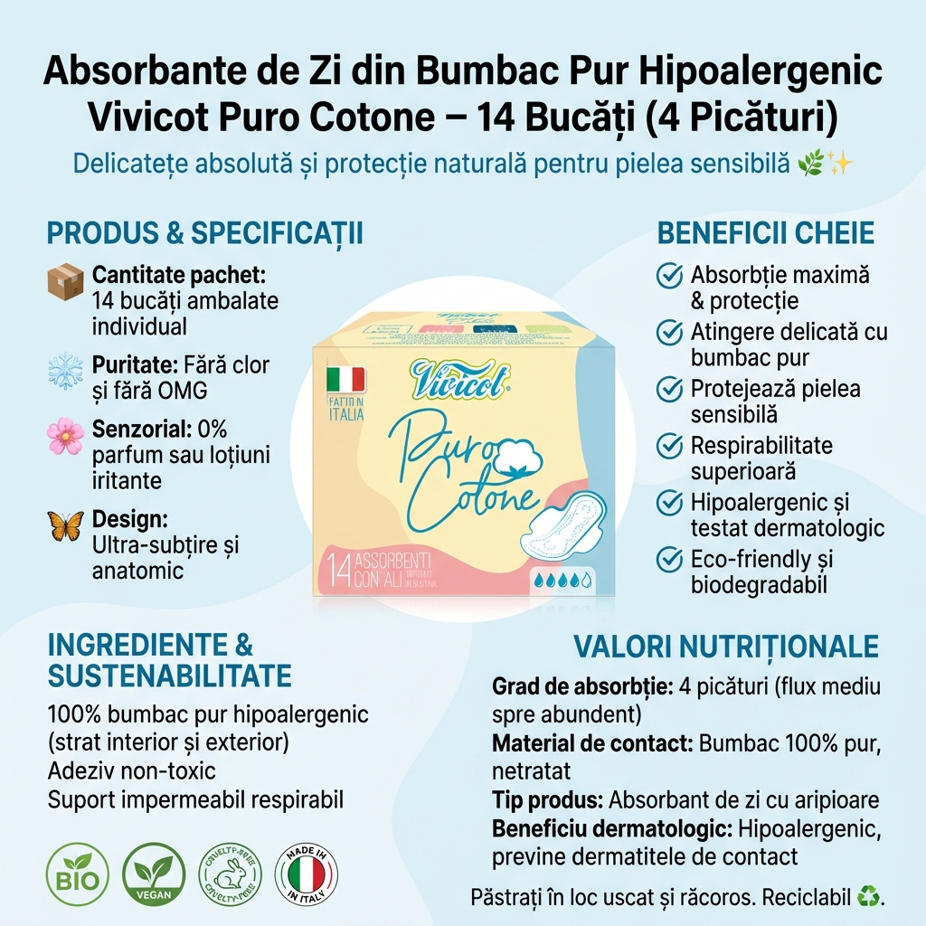 Absorbante de Zi din Bumbac Pur Hipoalergenic Vivicot Puro Cotone – 14 Bucăți (4 Picături) 4