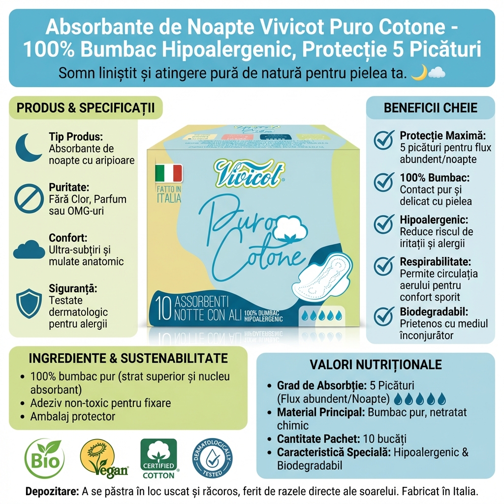 Absorbante de Noapte Vivicot Puro Cotone - 100% Bumbac Hipoalergenic, Protecție 5 Picături 4