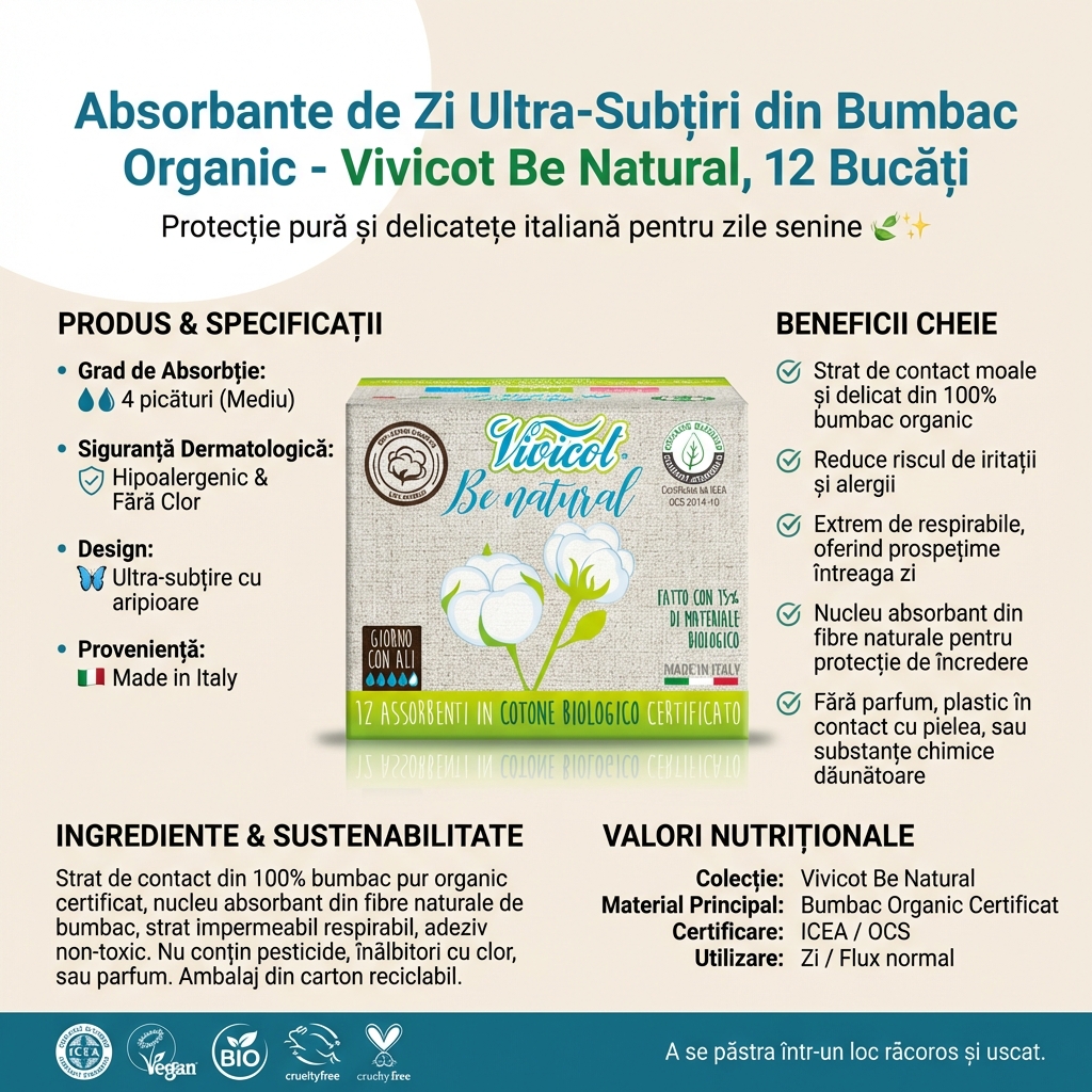 Absorbante de Zi Ultra-Subțiri din Bumbac Organic - Vivicot Be Natural, 12 Bucăți 4