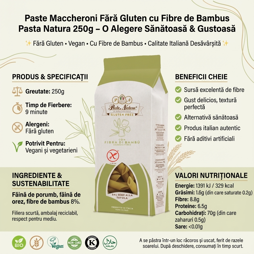 Paste Maccheroni Fără Gluten cu Fibre de Bambus Pasta Natura 250g – O Alegere Sănătoasă & Gustoasă 4
