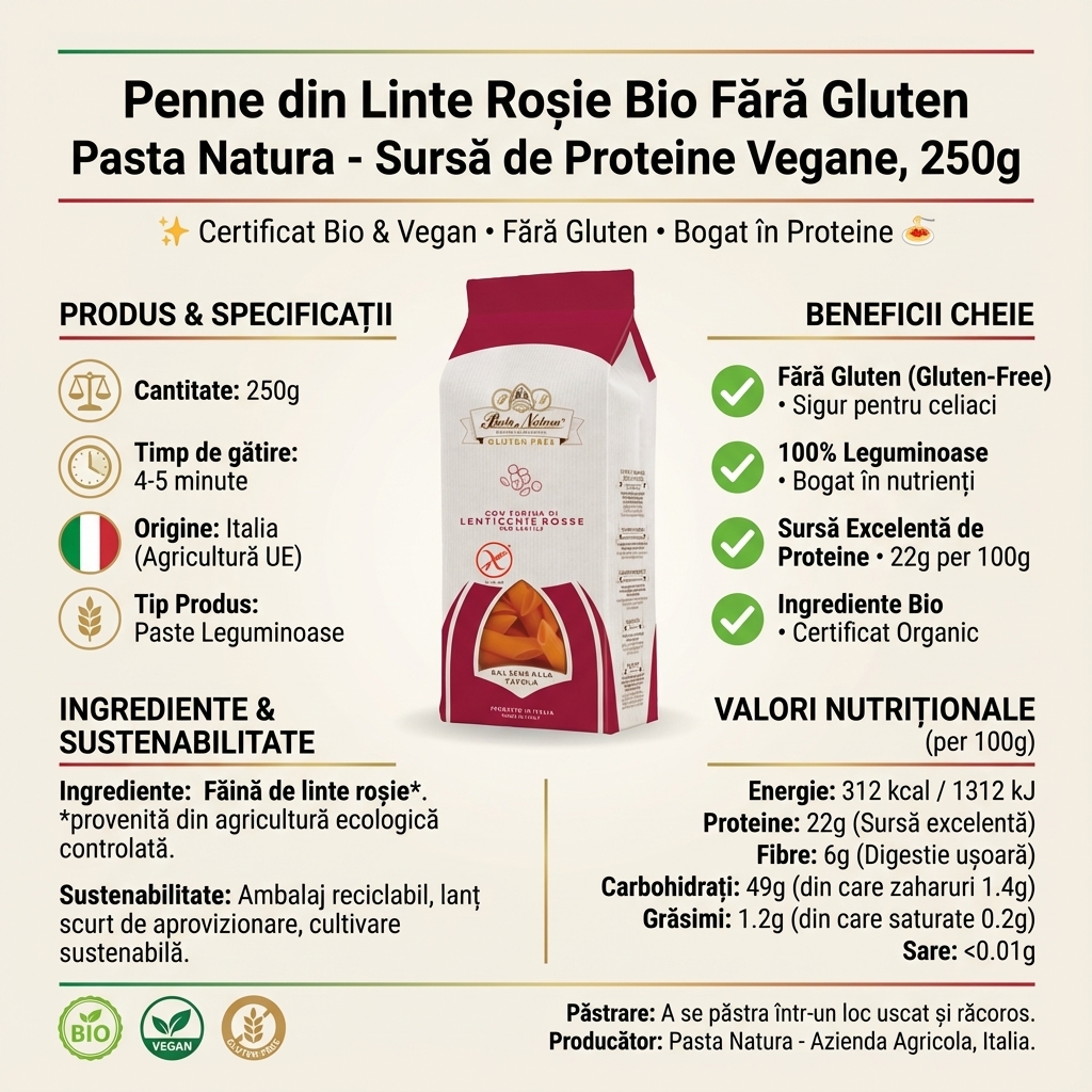 Penne din Linte Roșie Bio Fără Gluten Pasta Natura - Sursă de Proteine Vegane, 250g 4