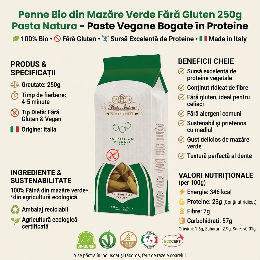 Penne Bio din Mazăre Verde Fără Gluten 250g Pasta Natura – Paste Vegane Bogate în Proteine 4