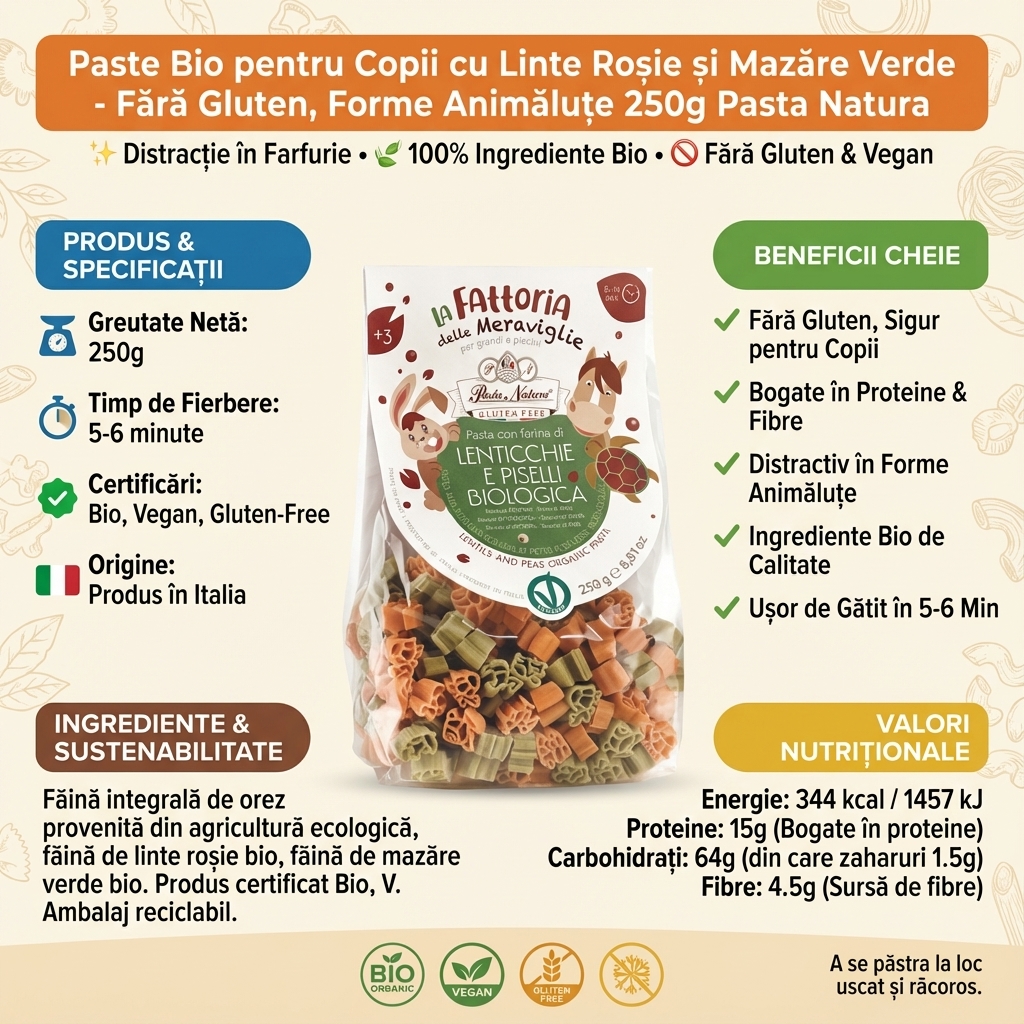 Paste Bio pentru Copii cu Linte Roșie și Mazăre Verde - Fără Gluten, Forme Animăluțe 250g Pasta Natura 4