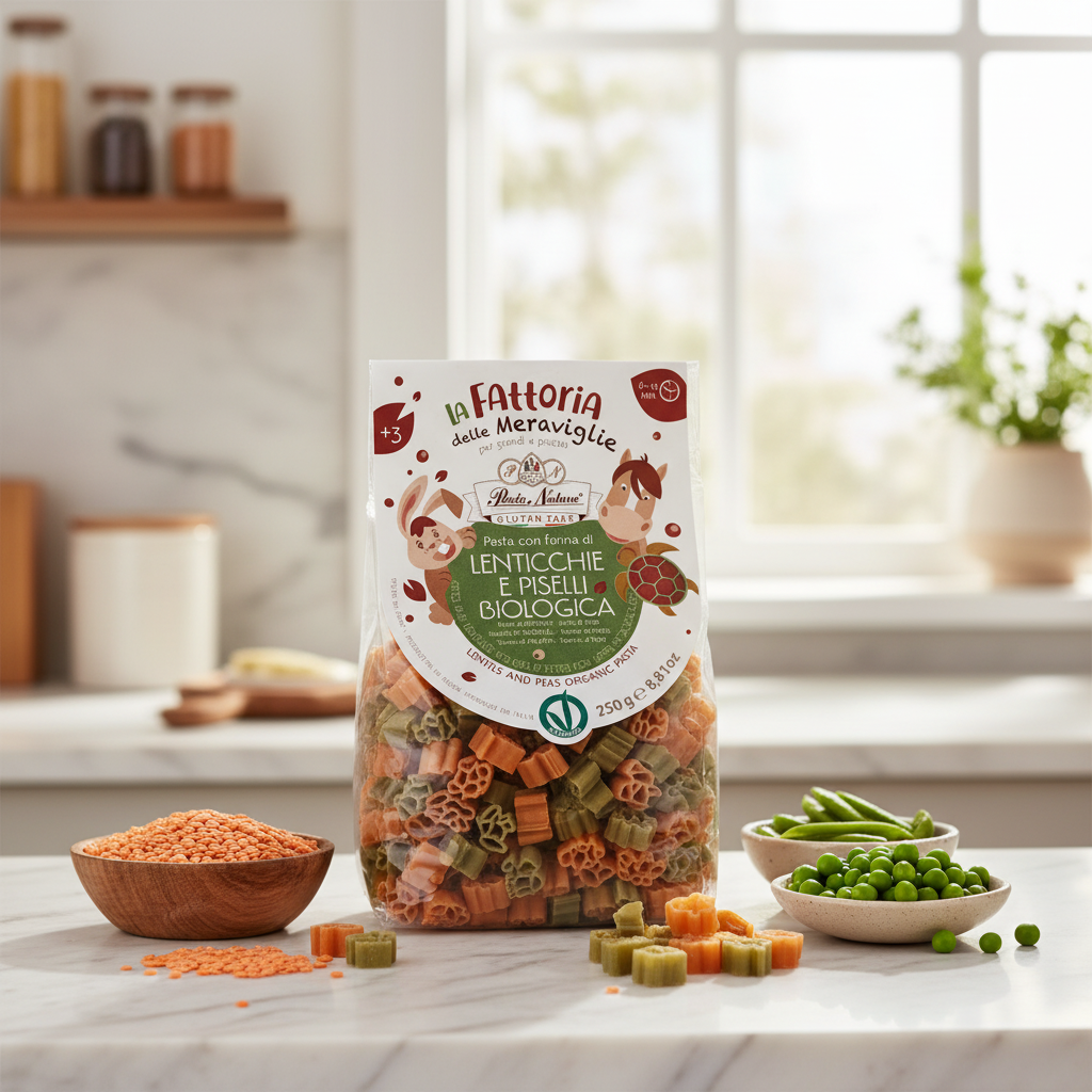 Paste Bio pentru Copii cu Linte Roșie și Mazăre Verde - Fără Gluten, Forme Animăluțe 250g Pasta Natura