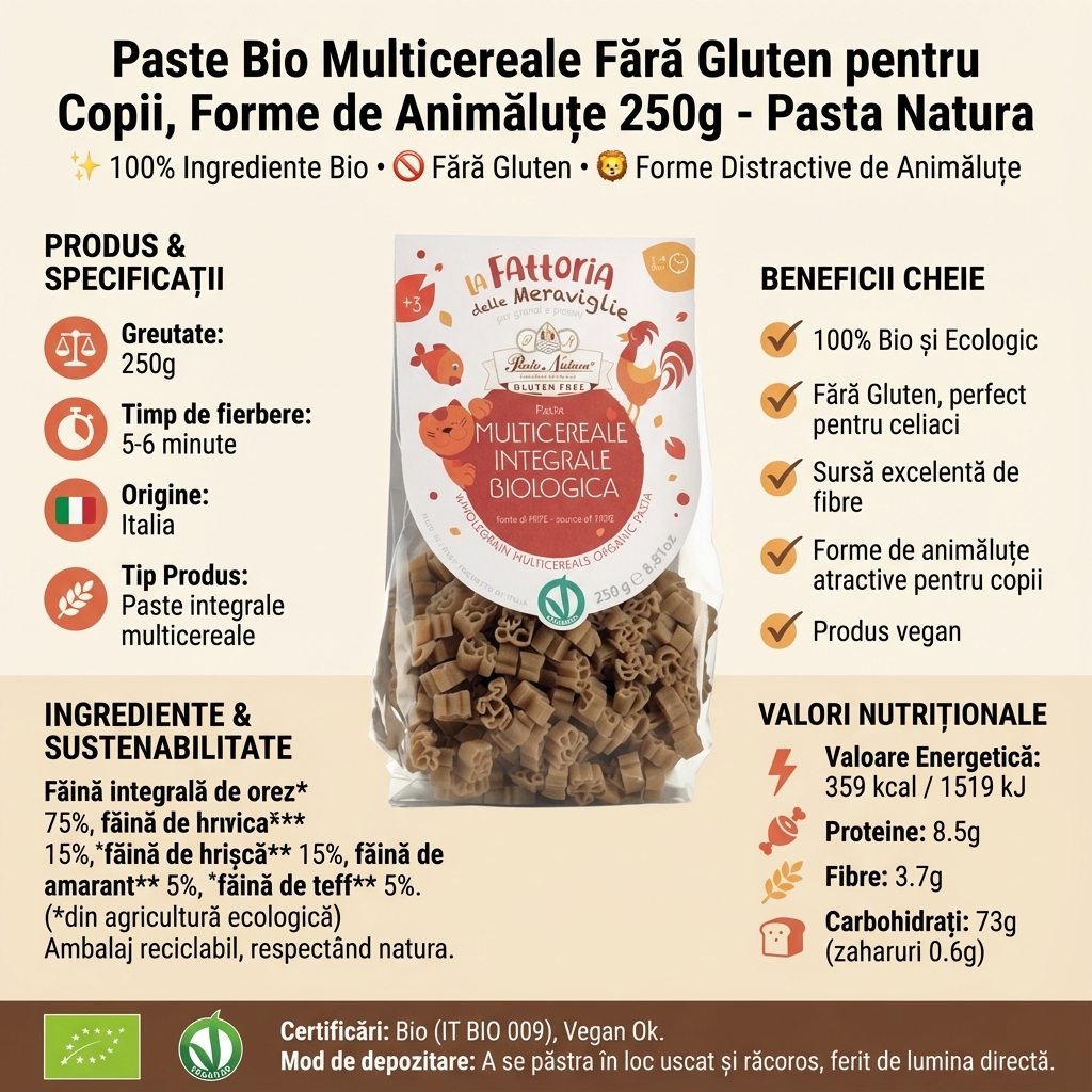 Paste Bio Multicereale Fără Gluten pentru Copii, Forme de Animăluțe 250g - Pasta Natura 4