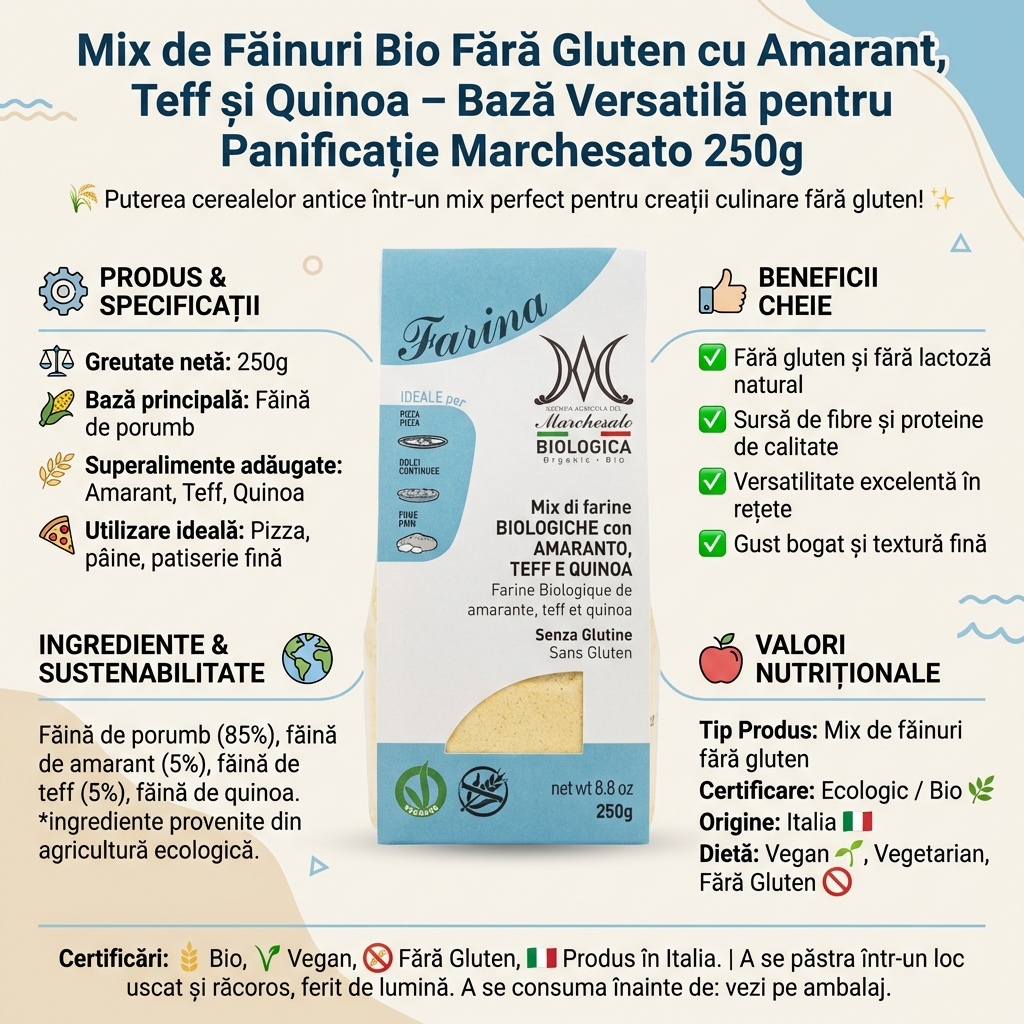 Mix de Făinuri Bio Fără Gluten cu Amarant, Teff și Quinoa – Bază Versatilă pentru Panificație Marchesato 250g 4