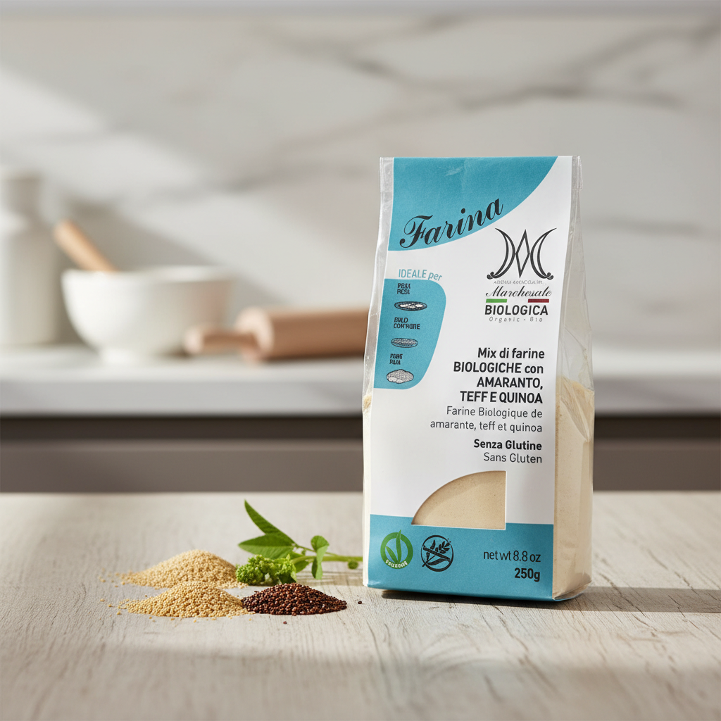 Mix de Făinuri Bio Fără Gluten cu Amarant, Teff și Quinoa – Bază Versatilă pentru Panificație Marchesato 250g
