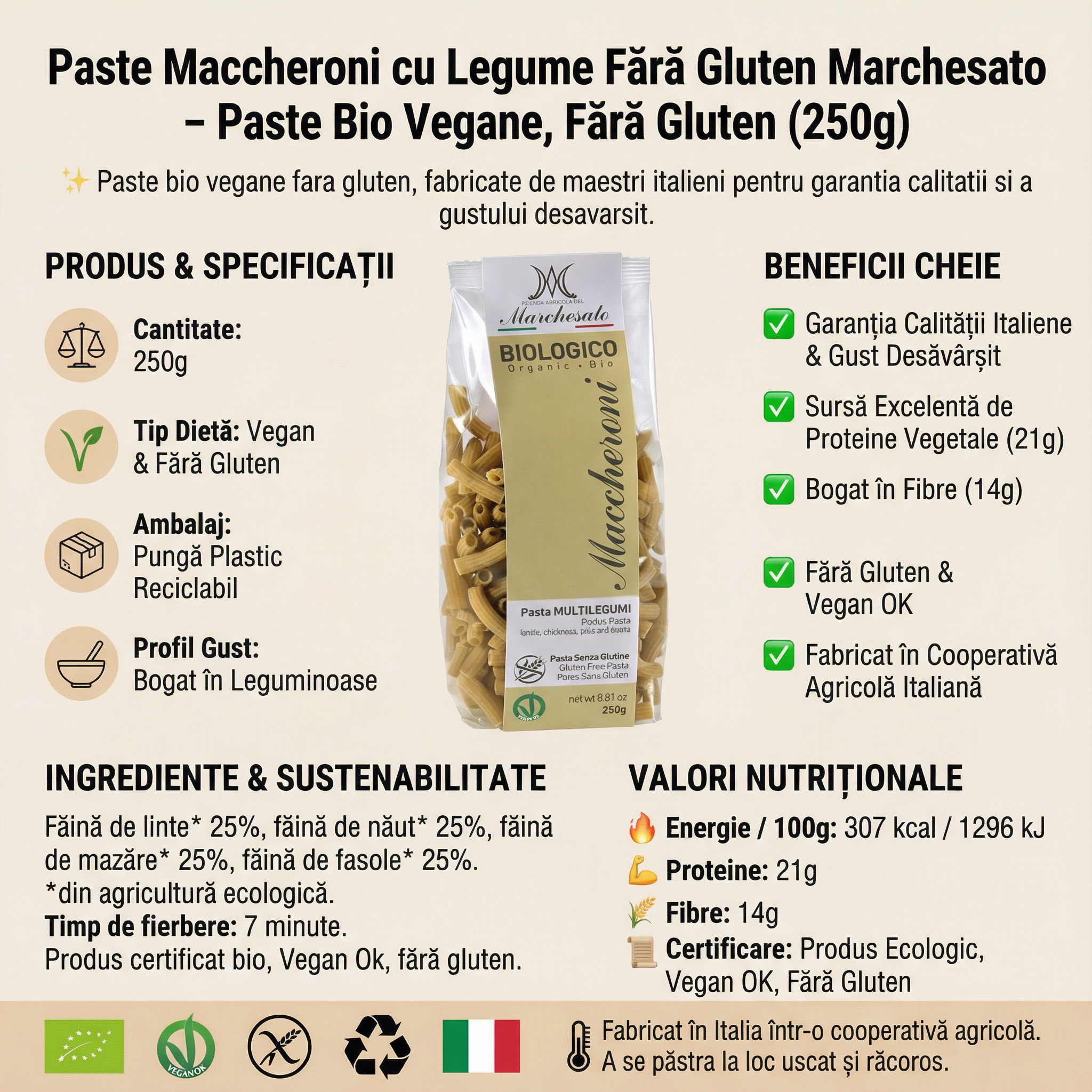 Paste Maccheroni cu Legume Bio Fără Gluten 250g Marchesato - Sursă de Proteine și Fibre 4