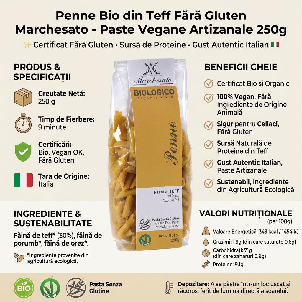 Penne Bio din Teff Fără Gluten Marchesato - Paste Vegane Artizanale 250g 4