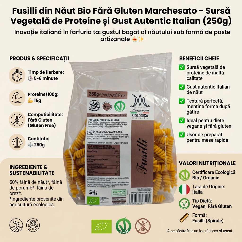 Fusilli din Năut Bio Fără Gluten Marchesato – Sursă Vegetală de Proteine și Gust Autentic Italian (250g) 4