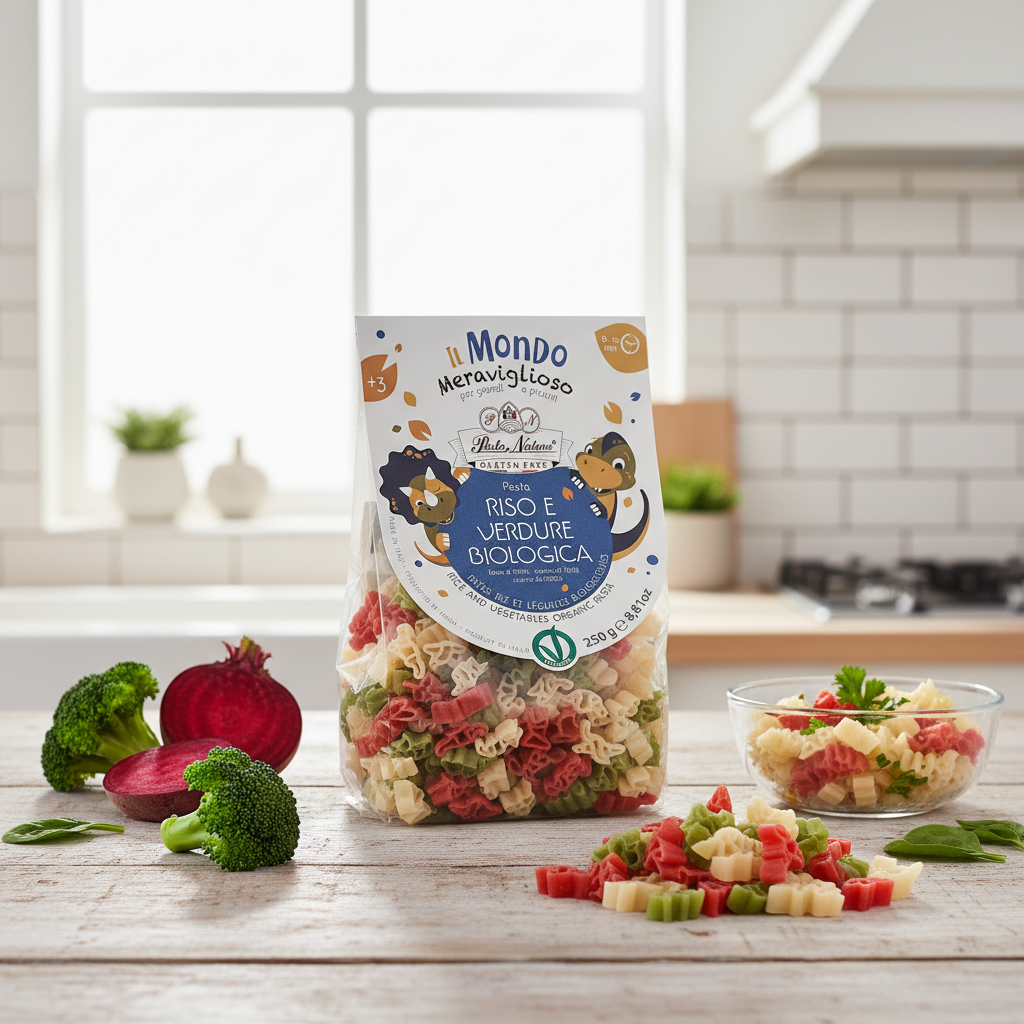 Paste Bio Fără Gluten pentru Copii – Dinozauri din Orez cu Sfeclă și Spanac Pasta Natura 250g 2