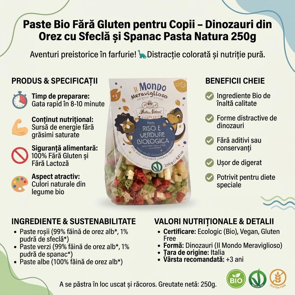 Paste Bio Fără Gluten pentru Copii – Dinozauri din Orez cu Sfeclă și Spanac Pasta Natura 250g 4