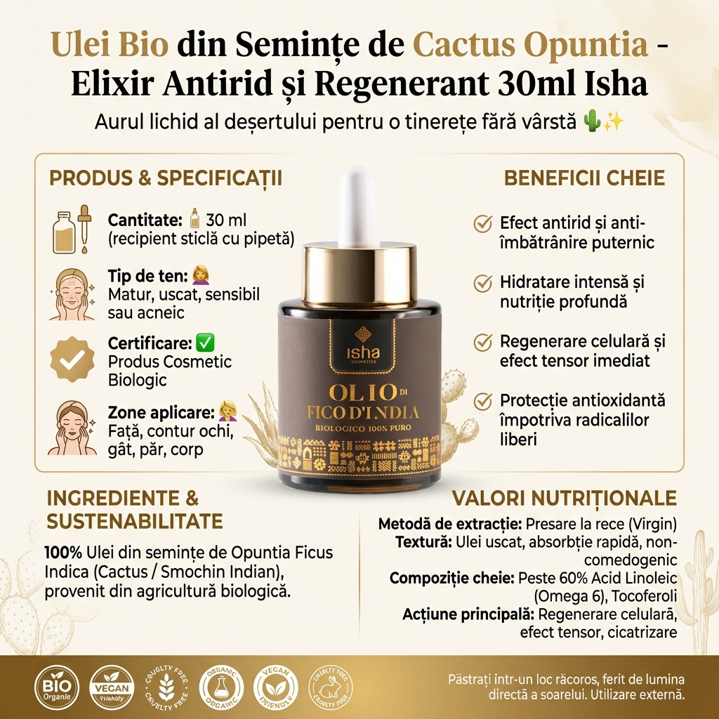 Ulei Bio din Semințe de Cactus Opuntia - Elixir Antirid și Regenerant 30ml Isha 4