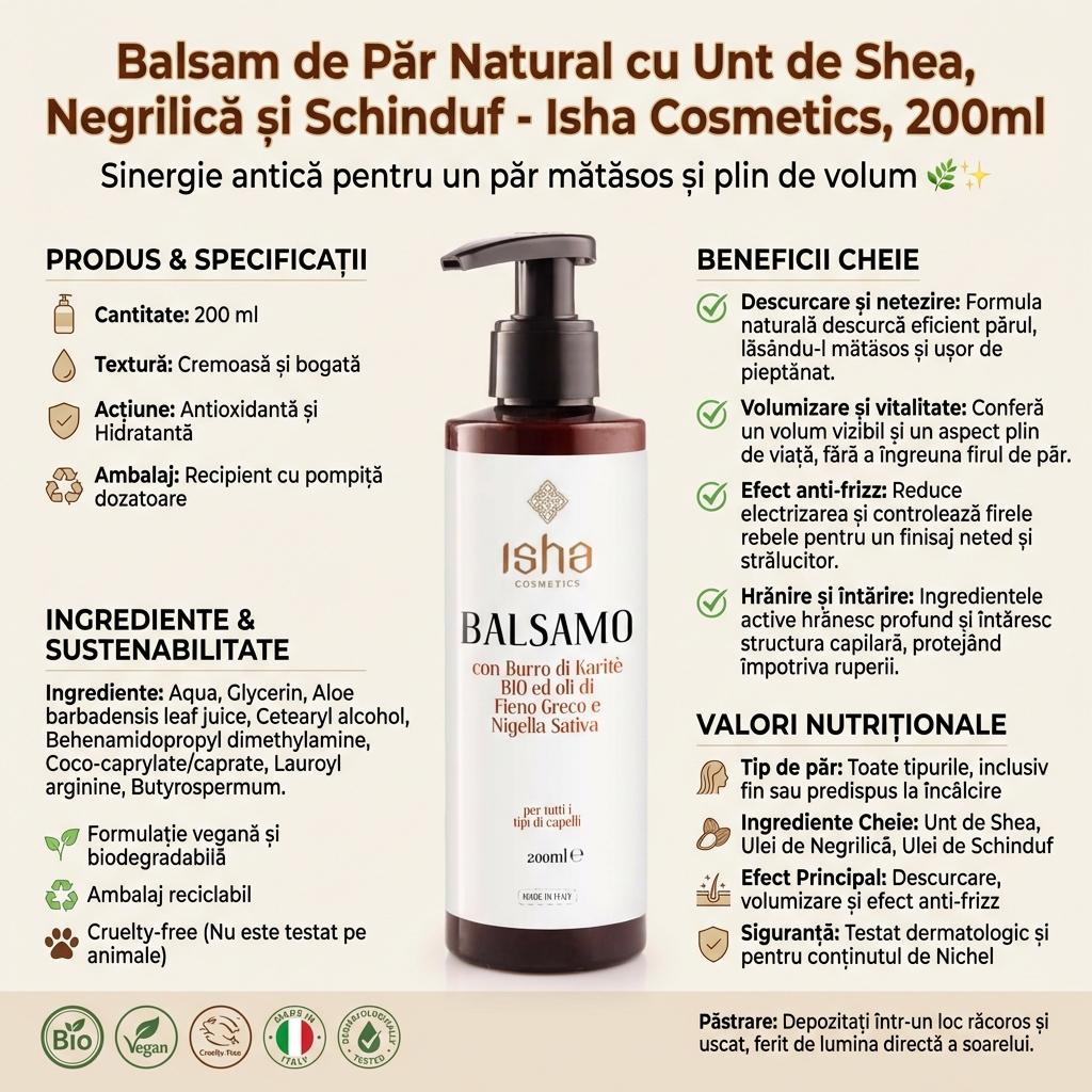 Balsam de Păr Natural cu Unt de Shea, Negrilică și Schinduf - Isha Cosmetics, 200ml 4