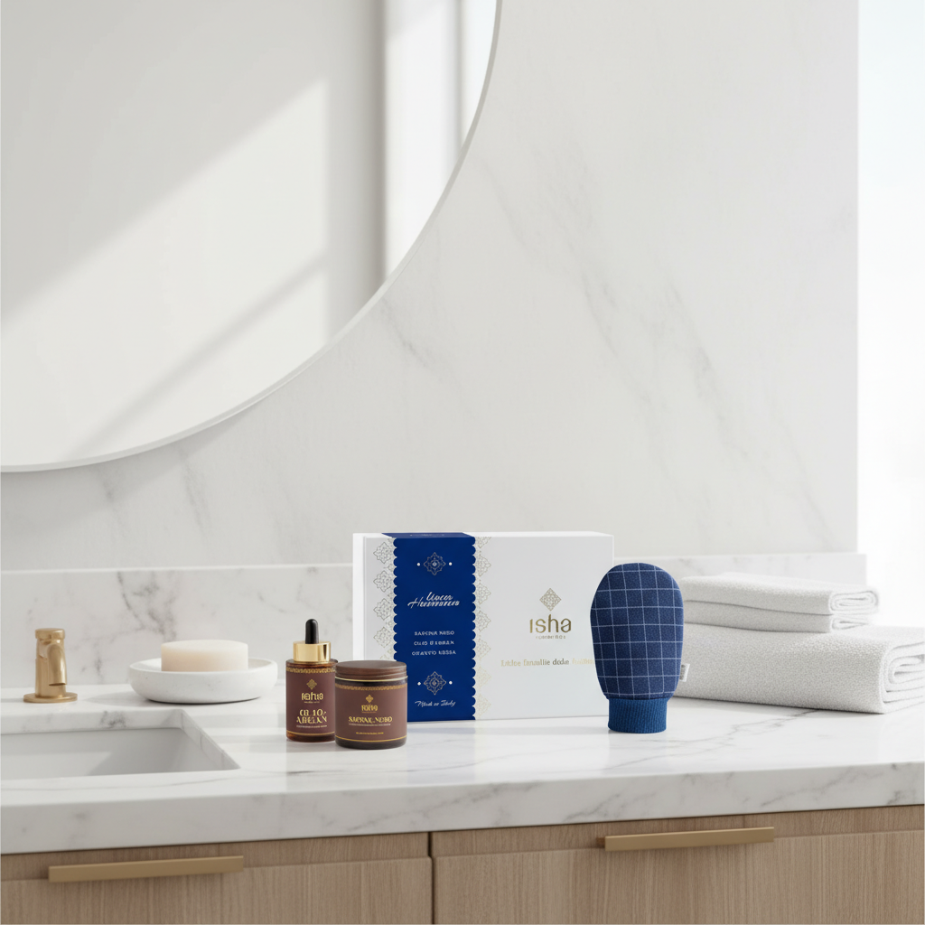 Set Cadou Premium Ritual Hammam Isha: Săpun Negru, Mănușă Kessa și Ulei de Argan Bio 2