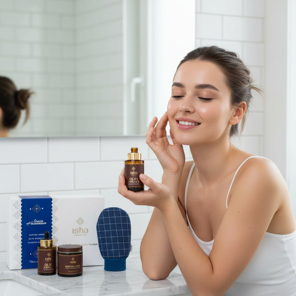 Set Cadou Premium Ritual Hammam Isha: Săpun Negru, Mănușă Kessa și Ulei de Argan Bio 3