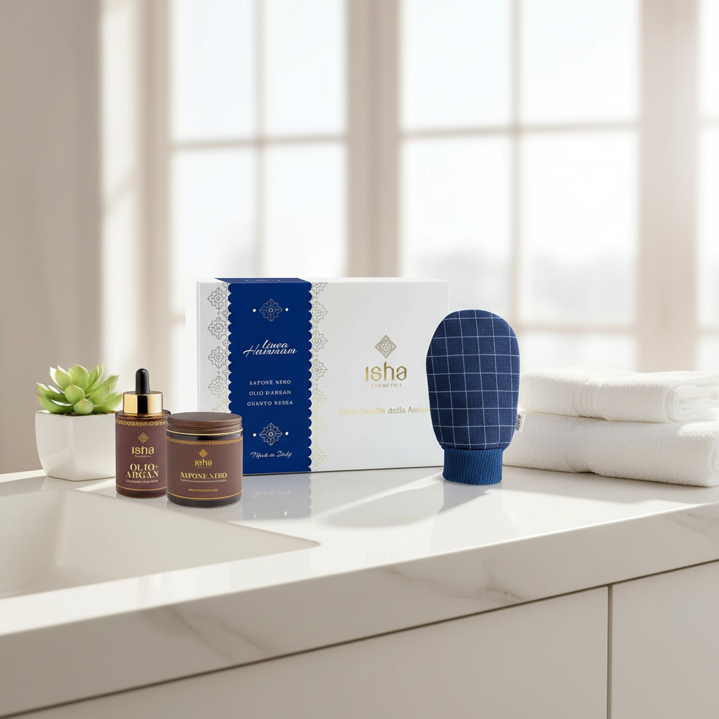 Set Cadou Premium Ritual Hammam Isha: Săpun Negru, Mănușă Kessa și Ulei de Argan Bio