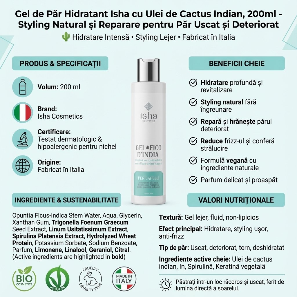 Gel de Păr Hidratant Isha cu Ulei de Cactus Indian, 200ml - Styling Natural și Reparare pentru Păr Uscat și Deteriorat 4