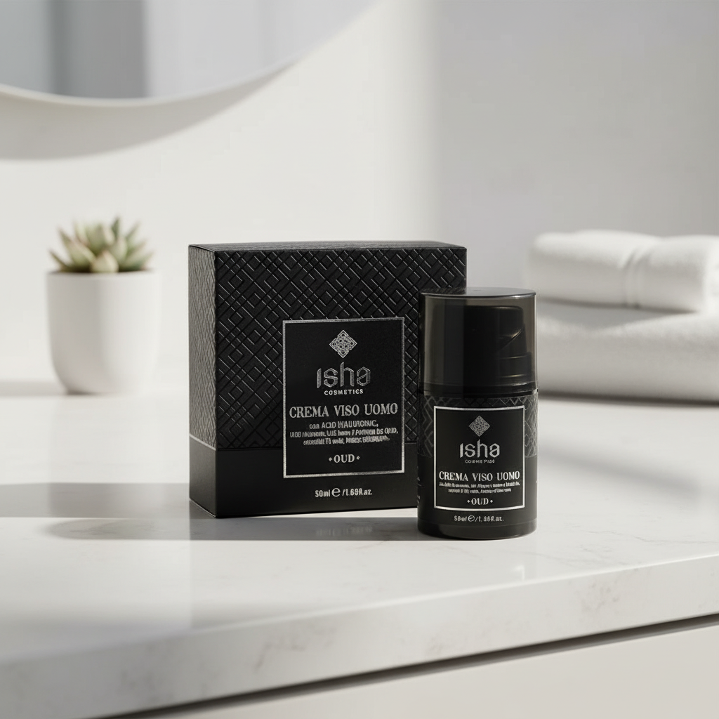 Cremă de Față Premium pentru Bărbați cu Acid Hialuronic, Ulei de Argan și Parfum de Oud - Hidratare și Calmare Post-Bărbierit, 50ml Isha
