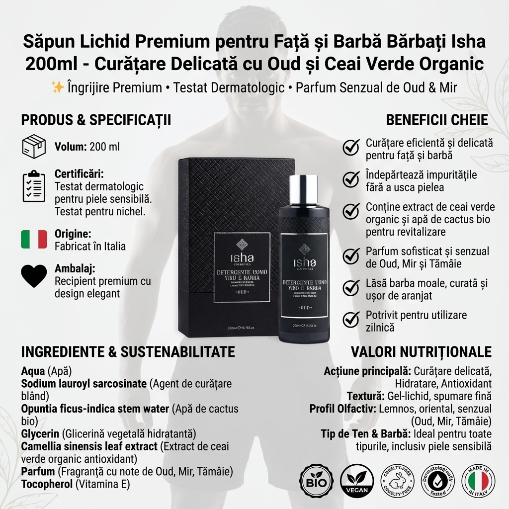 Săpun Lichid Premium pentru Față și Barbă Bărbați Isha 200ml - Curățare Delicată cu Oud și Ceai Verde Organic 4