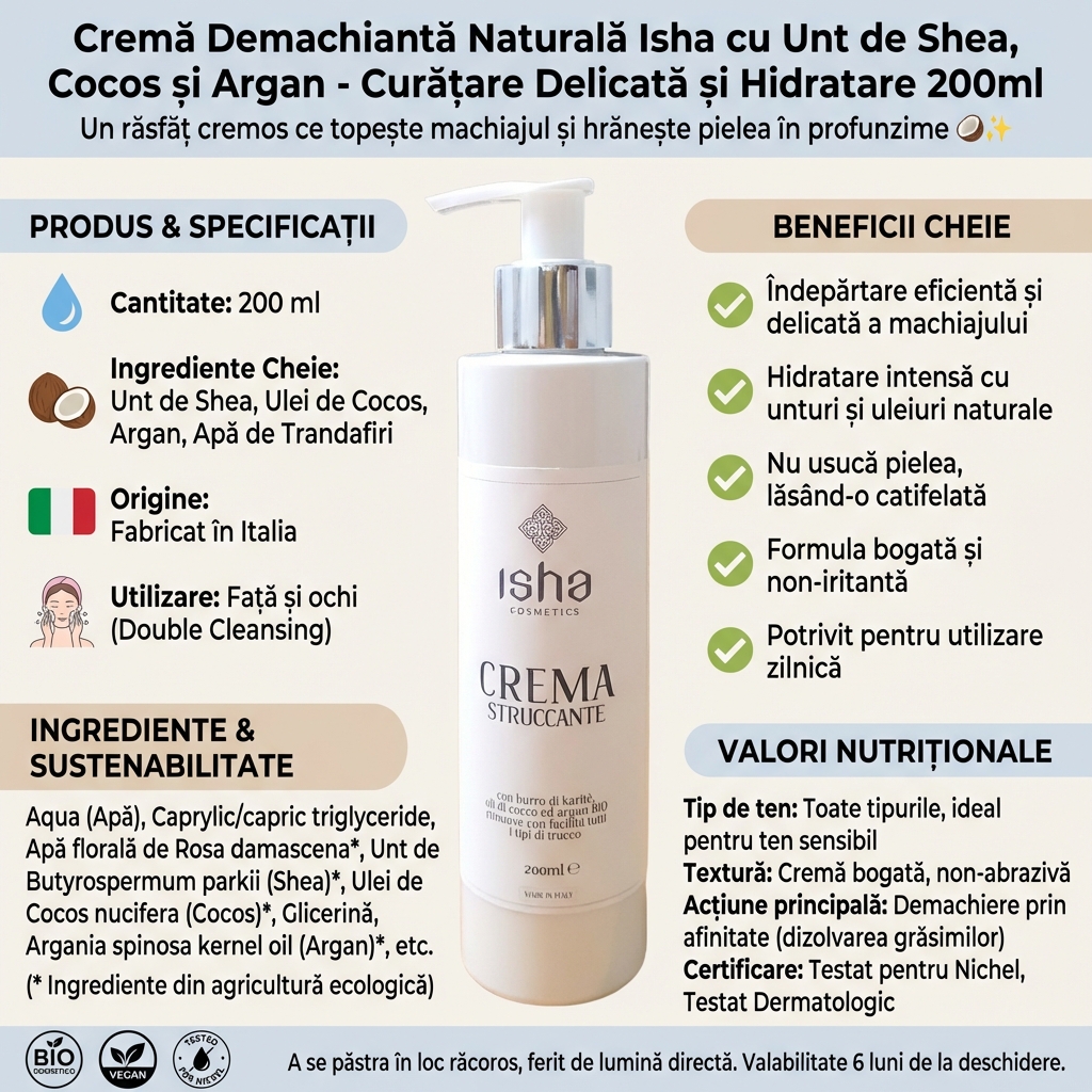 Cremă Demachiantă Naturală Isha cu Unt de Shea, Cocos și Argan - Curățare Delicată și Hidratare 200ml 4