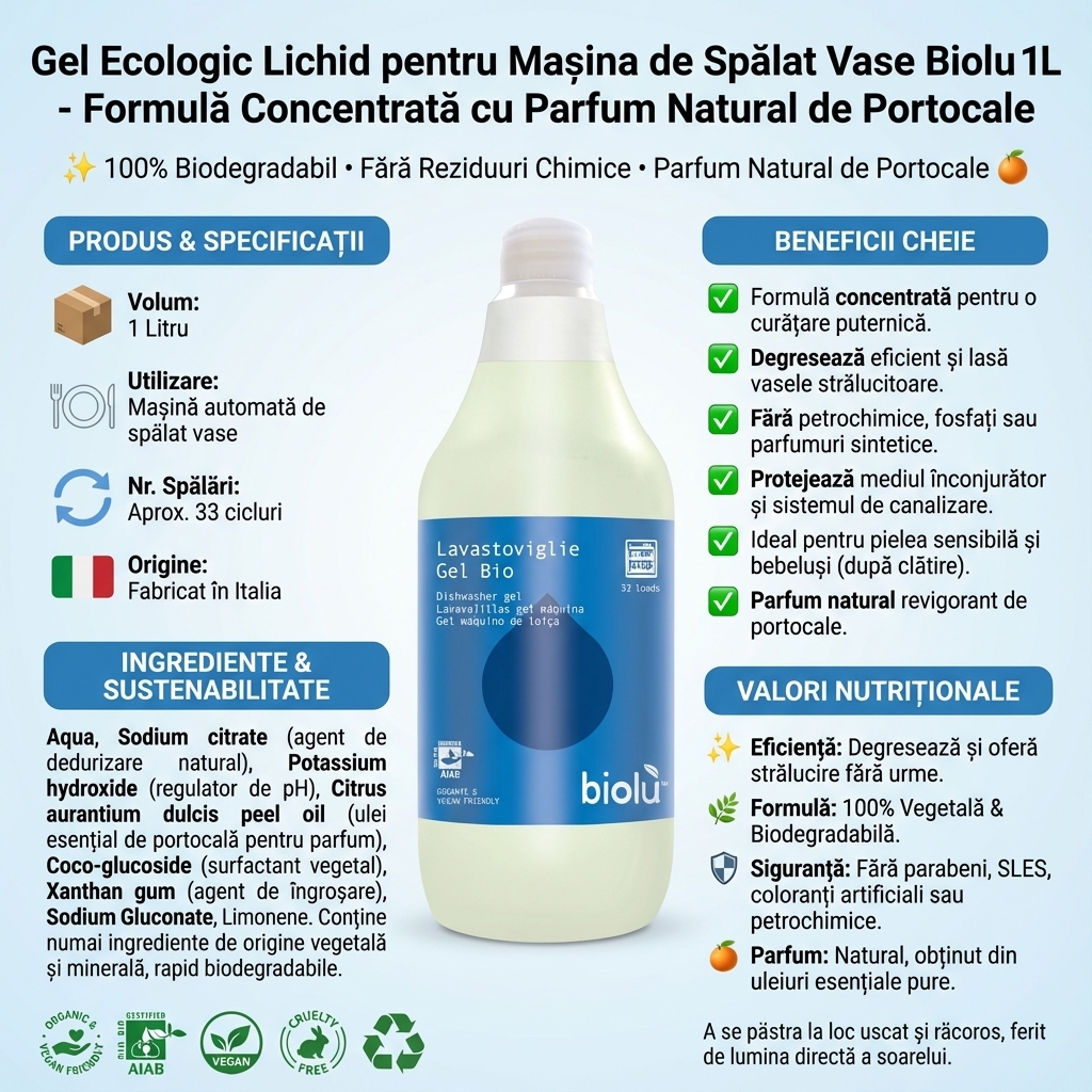 Gel Ecologic Lichid pentru Mașina de Spălat Vase Biolu 1L - Formulă Concentrată cu Parfum Natural de Portocale 4