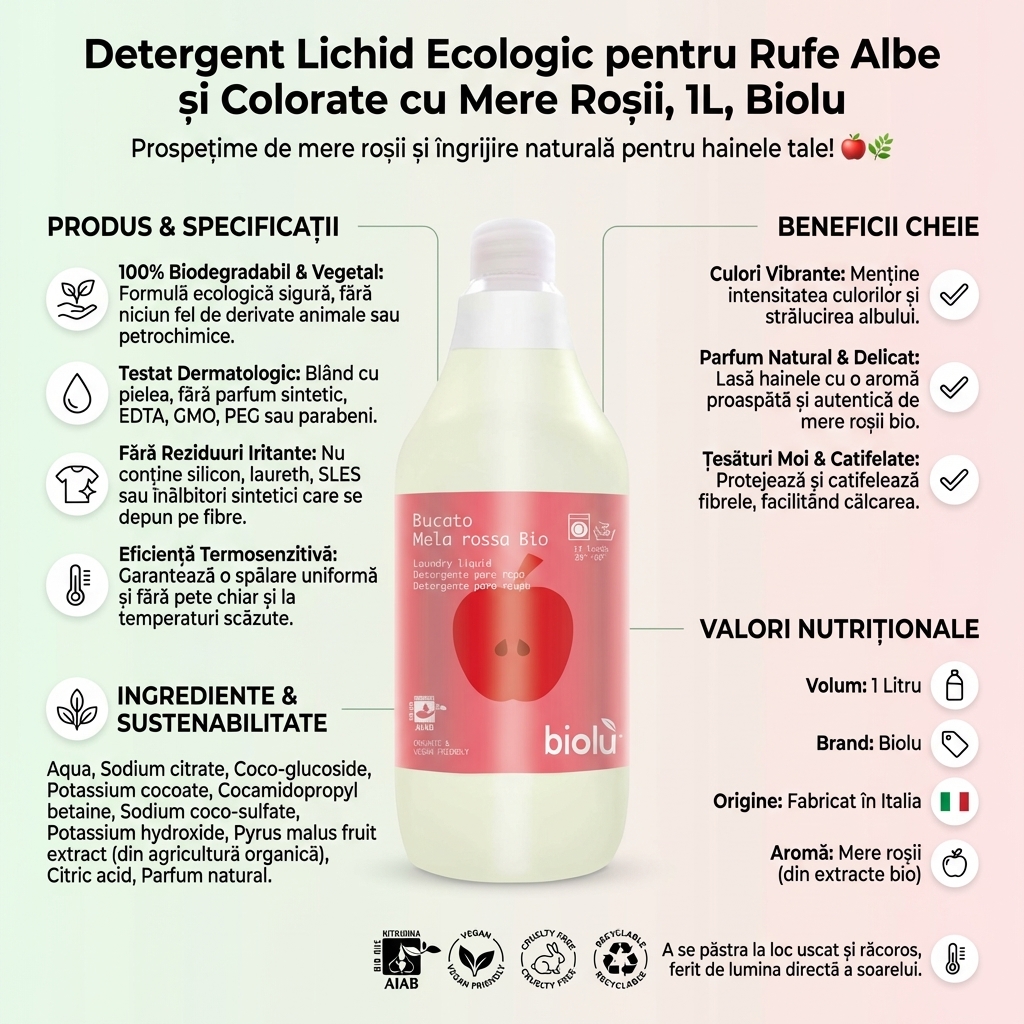Detergent Lichid Ecologic pentru Rufe Albe și Colorate cu Mere Roșii, 1L, Biolu 4