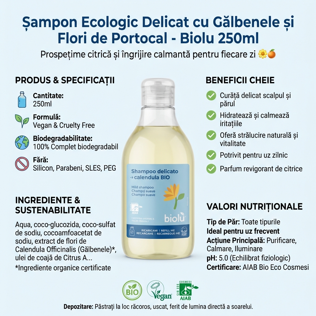 Șampon Ecologic Delicat cu Gălbenele și Flori de Portocal - Biolu 250ml 4