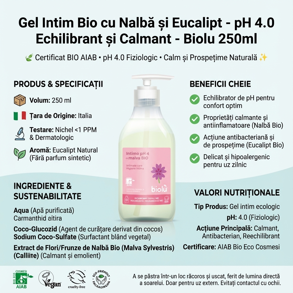 Gel Intim Bio cu Nalbă și Eucalipt - pH 4.0 Echilibrant și Calmant - Biolu 250ml 4