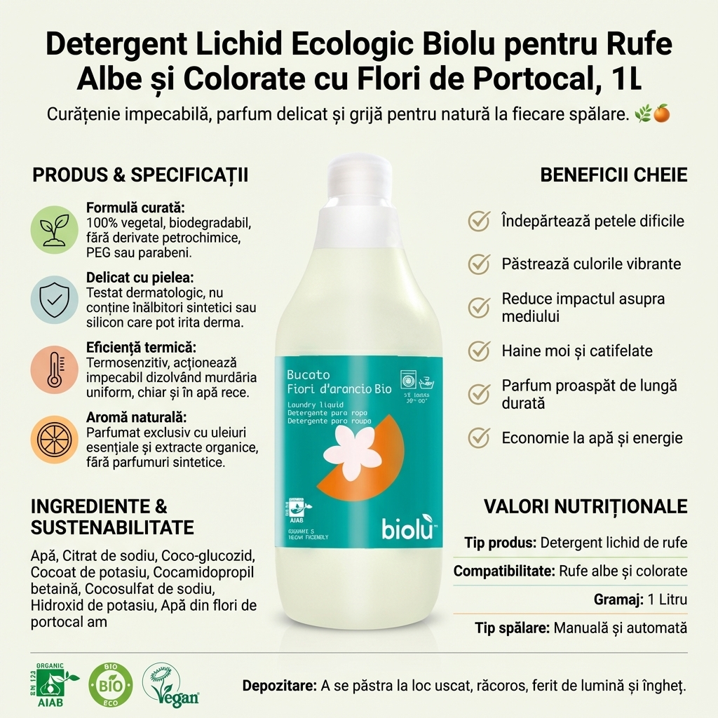 Detergent Lichid Ecologic Biolu pentru Rufe Albe și Colorate cu Flori de Portocal, 1L 4