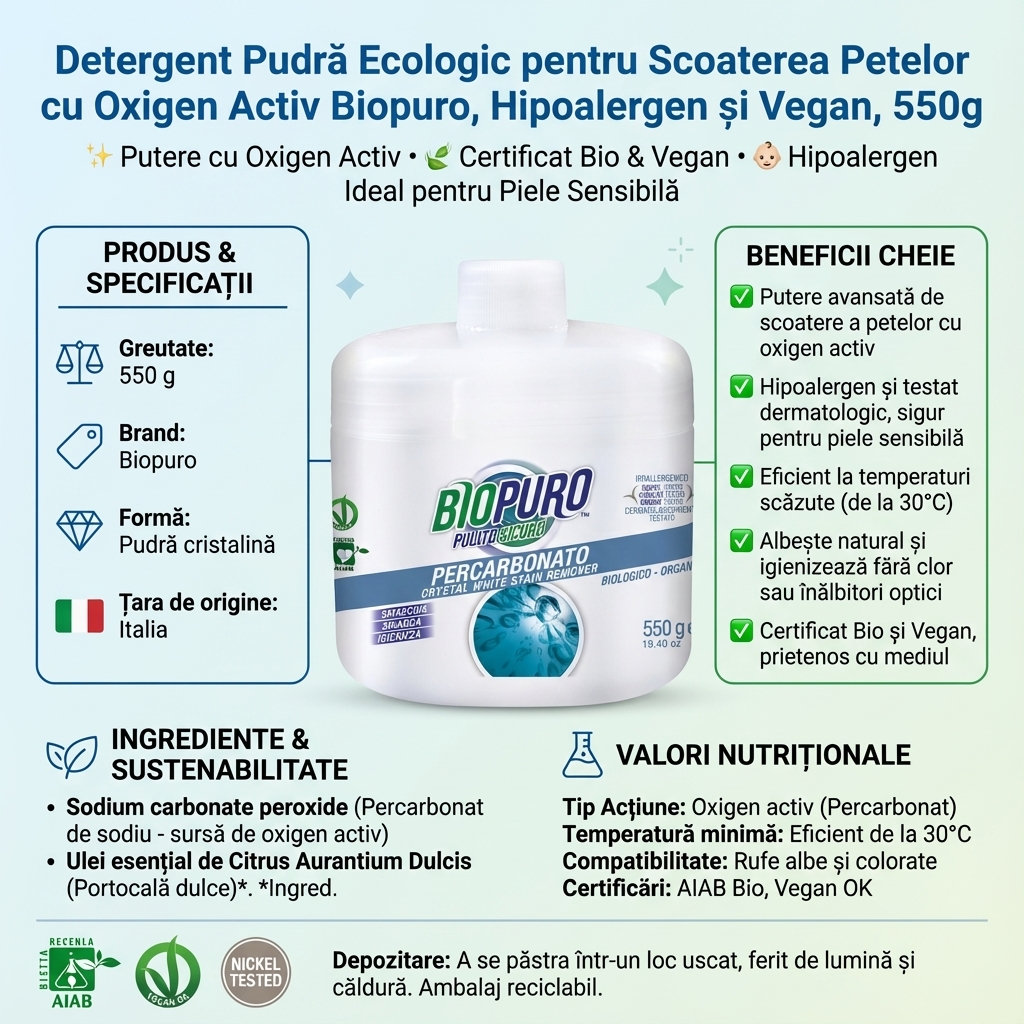 Detergent Pudră Ecologic pentru Scoaterea Petelor cu Oxigen Activ Biopuro, Hipoalergen și Vegan, 550g 4
