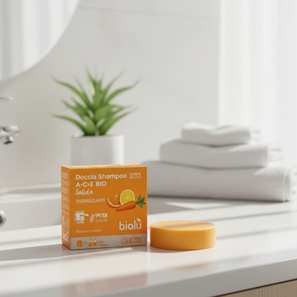 Sampon și Gel de Duș Solid 2-în-1 Biolu cu Vitamine A, C, E Ecologice - Curățare Delicată și Energie pentru Păr și Corp