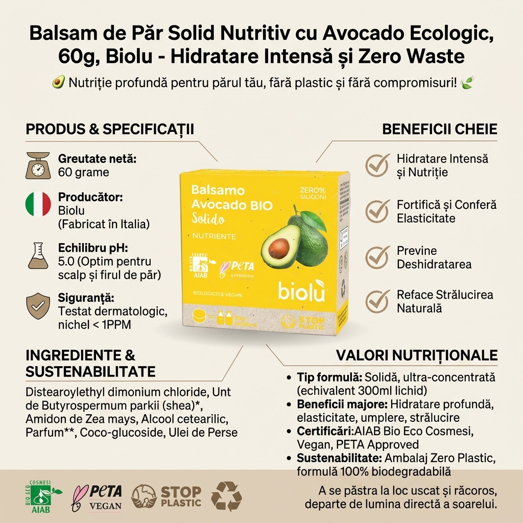 Balsam de Păr Solid Nutritiv cu Avocado Ecologic, 60g, Biolu - Hidratare Intensă și Zero Waste 4