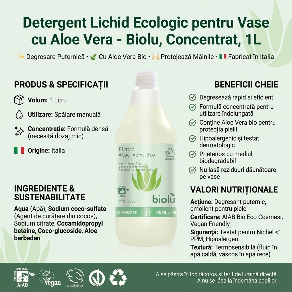 Detergent Lichid Ecologic pentru Vase cu Aloe Vera - Biolu, Concentrat, 1L 4