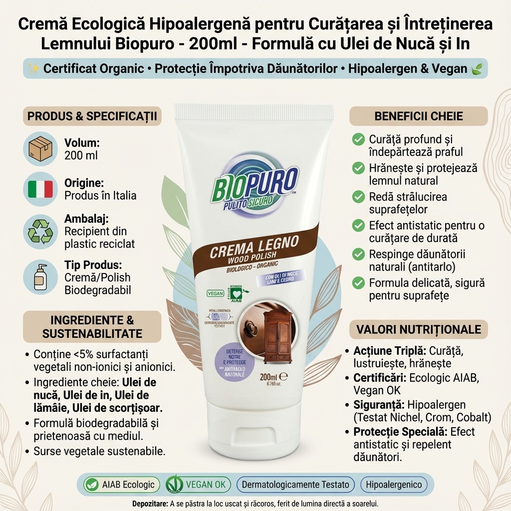 Cremă Ecologică Hipoalergenă pentru Curățarea și Întreținerea Lemnului Biopuro - 200ml - Formulă cu Ulei de Nucă și In 4