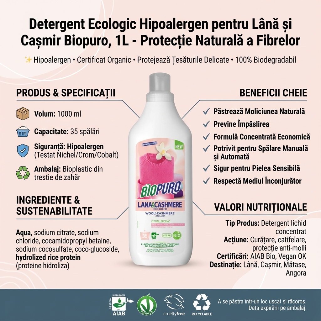 Detergent Ecologic Hipoalergen pentru Lână și Cașmir Biopuro, 1L - Protecție Naturală a Fibrelor 4