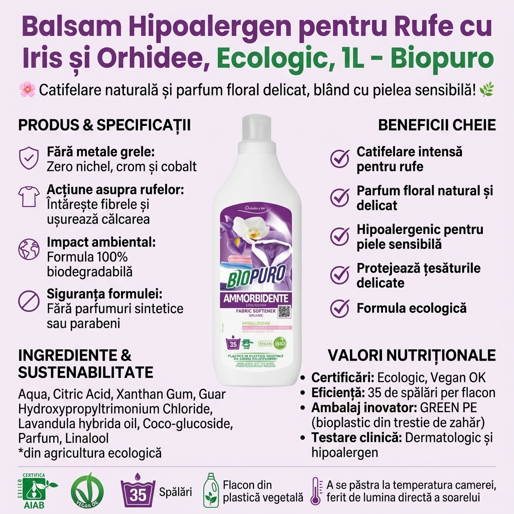 Balsam Hipoalergen pentru Rufe cu Iris și Orhidee, Ecologic, 1L - Biopuro 4