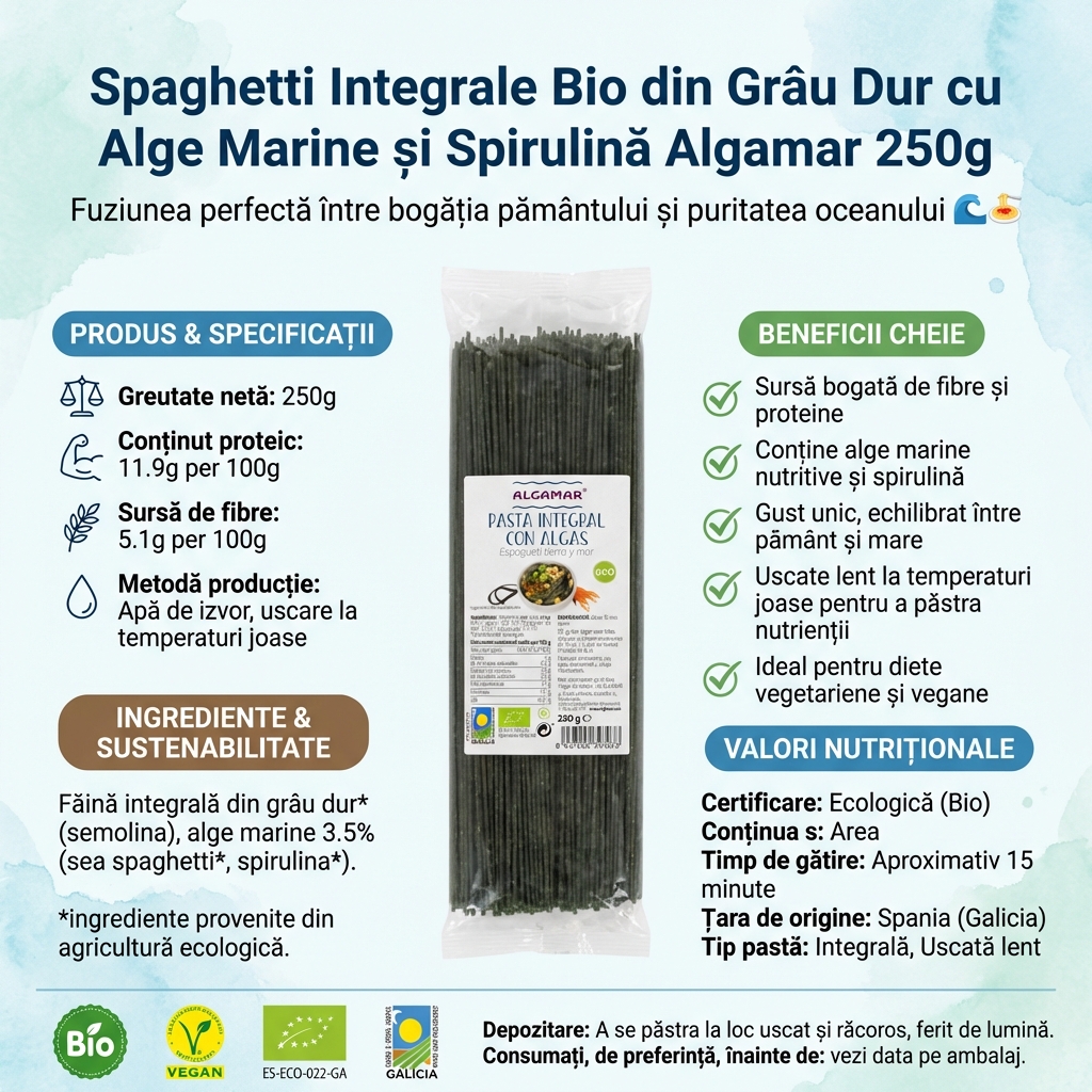 Spaghetti Integrale Bio din Grâu Dur cu Alge Marine și Spirulină Algamar 250g 3
